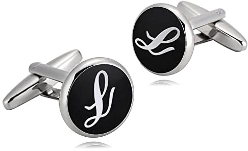 Whoiy Manschettenknöpfe Gravur Initialen L, Schmuck Herren Edelstahl Schwarz Weiss für Männer Kostenlose Gravur mit Schmuck Box