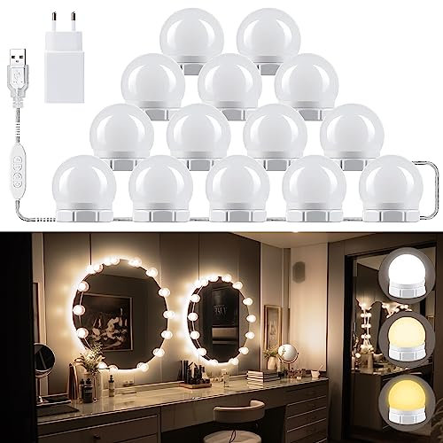 Dhnvcud Lumière de Miroir, 14 Ampoules Hollywood Kit de Lumière LED avec Fiche, 3 Couleurs et 10 Intensités, Lumière Miroir USB pour Coiffeuse Maquillage
