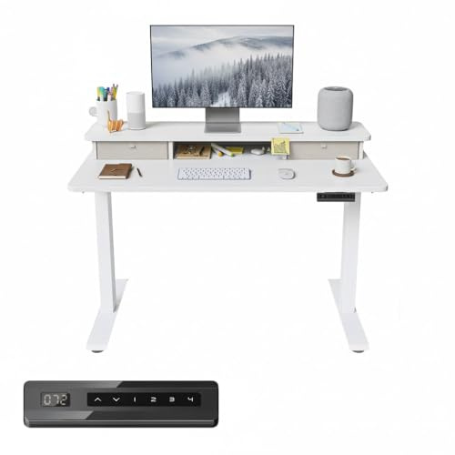 FEZIBO Height Adjustable Electric Standing Desk with Double Drawer, 100 * 60cm Stand Up Table with Storage Shelf, Sit Stand Desk with Splice Board, White Frame/White Top