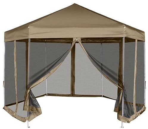LAPOOH Carpa Desmontable Hexagonal Paredes Gris Taupe 3,6x3,1m 220g/m Carpa Playa, Cenador, Toldos Playa, Pergola Playa, Toldo Exterior, Pergolas De Jardin - 362013