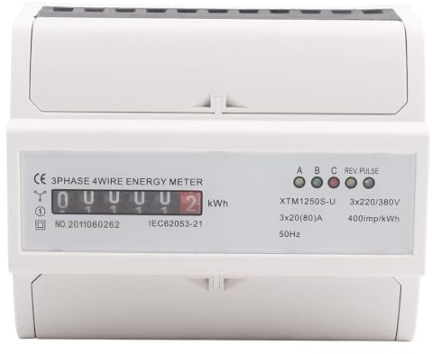 Stromzähler 3 Phasen 4 Drähte KWh Zähler mit Kilowatt-Triphase, Analoger Drehstromzähler Hutschiene Geeicht LED Stromverbrauch Wattmeter