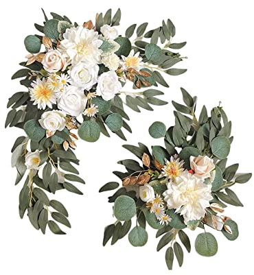 belupai 2 Stück Hochzeitsbogen-Blumen für Zeremonie, Künstliche Rosen-Pfingstrosen-Blumengirlanden, Rustikale Gefälschte Hortensien-Sonnenblumen-dekorative Girlanden für Hochzeitsschild,(Sekt)