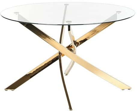 Beliani Mesa de Comedor Redonda Glamour ⌀120 cm Tablero de Vidrio Templado Patas Doradas Maramo