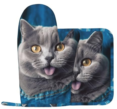 Lot de 2 maniques et maniques en forme de chat bleu pour cuisine - Résistants à la chaleur - Antidérapants - Manique amusante pour cuisine, grillades, barbecue, décoration de cuisine