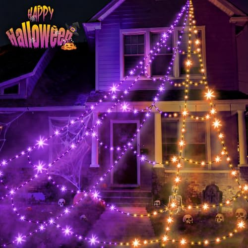 Halloween-dekorationer 16 fot spindelnät lampor, superrealistisk gigantisk spindelnät inomhus utomhus lila lampor, batteridriven lampa för dekor fest trädgård gård