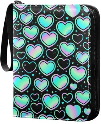 Mnsruu Sammelkartenalbum mit bunten Herzen, 4 Taschen, Kartenordner, 50 Seiten, 400 Karten, PU-Reißverschluss, Kartenbinder, Aufbewahrungshalter für Sportspielkarten, gp929c989s2222