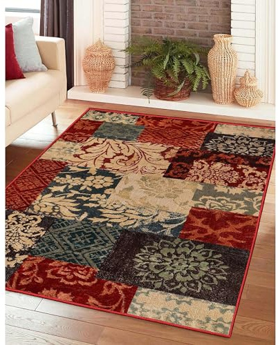 Superior Indoor Area Rug, Jute Backing, Patchwork Floral Rugs for Entryway, Living Room, Kitchen Floors, Plush Floor Cover, Color Block Damask Rug, Kennicot Collection, 4' x 6', Beige Red