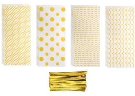QUARKZMAN 100 st godispåsar 25 x 10 cm klar platta cellofanpåsar plast cellofanpåsar godie påsar med vridband för kex mellanmål förpackning party guld