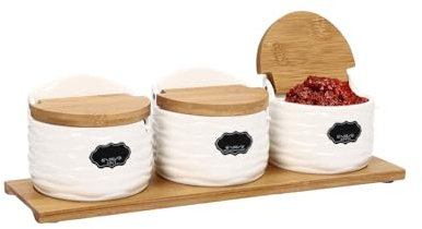 Queeucaer Kitchen Spice Jar, Ceramic Jars with Bamboo Lids and Sugar Spoons, Container Bowl Spoons Porcelain Condiment Container, Salt Seasoning Rack Pots Box