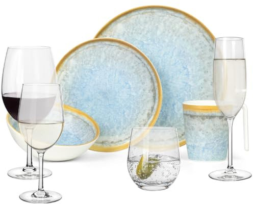 Vaisselle de camping en mélamine pour 4 personnes Bleu cristal + 16 verres à eau Timo Verres à vin Verres à champagne Flûtes Vaisselle de table pique-nique BBQ Batterie de cuisine