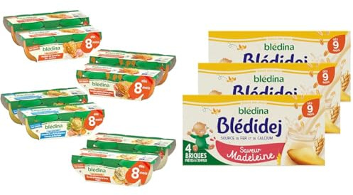 Blédina - Mes Moulinés - Repas bébé – 16 bols avec 4 Recettes inspirées du Fait Maison - Dès 8 Mois – 16x200g + Blédina Blédidej - Céréales bébé Lactées Madeleine - Dès 9 Mois - 12 briques de 250mL