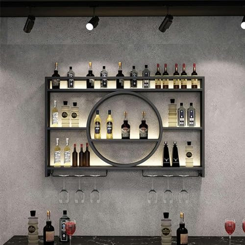 Weinregal aus Metall zur Wandmontage mit Glashalter für Zuhause, Bar und Küche, schwarzer, runder Weinschrank, platzsparend, hängender Weinhalter für Esszimmer, 120 x 80 x 15 cm