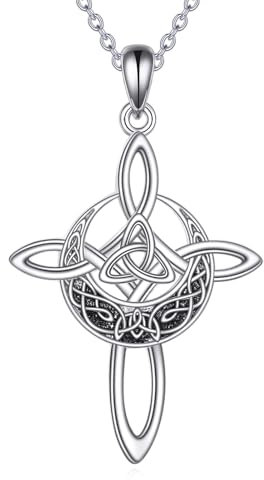 VONALA Kreuzkette 925 Sterling Silber Keltische Knotenkette Mondanhänger Vintage Irischer Knotenanhänger Schmuck Geschenke für Frauen Geburtstag Religiös
