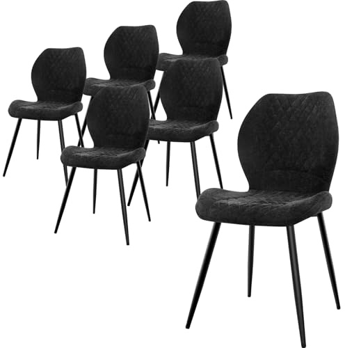 LEWE Leinen Esszimmerstühle 6er Set, Modernes Karomuster mit Metallbein, gepolstert, Armloser Küchenstuhl für Restaurant/Wohnzimmer/Schlafzimmer, [Schwarz]