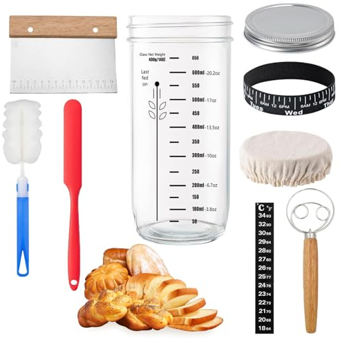 XHYASD Sauerteig Starter Set Glas 24 oz Mit Zubehör Brotbacken | Glas 24 oz, 17,5 x 8,3 cm, 9-teilig, Spatel Thermometer Stoffhaube
