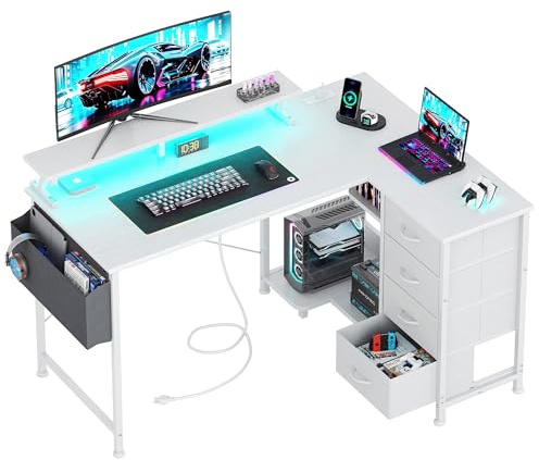 VERMESS Corner Desk with 4 Drawers, L Shaped Computer Desk with LED Lights & Power Outlets, 120x90cm Reversible Home Office Workstation with Monitor Stand, Writing Desk with PC Stand, White
