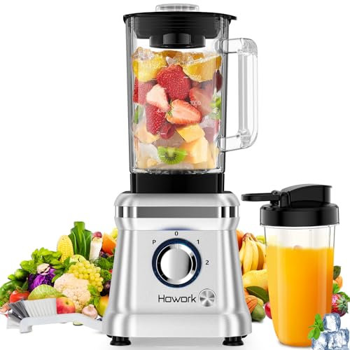 Howork Blender Mixeur 1200W Blender Smoothie 1.6L Mixeur Blender, 2 Vitesses + Fonction D'impulsion, 6 Lames en Acier Inoxydable Avec Tasse Portable 400ml et Brosse (Argent)