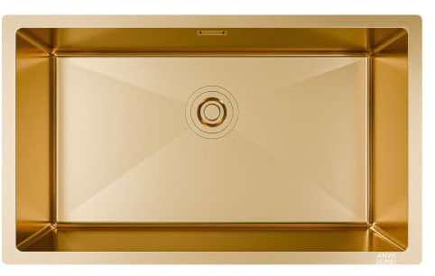 ANW HOME Kitchen Sink Single Bowl 74x44 cm, Gold PVD | Inset/Undermount, Nano-Coated Finish, Thickness 3.0+1 mm, Depth 22 cm, With Siphon