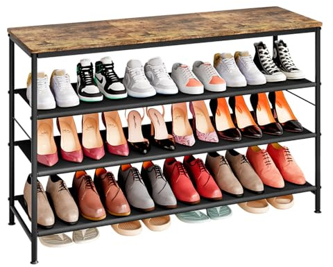 INGIORDAR Shoe Rack Organizer 5 Tier Metal Organizer Shelf with Industrial MDF Board and Layer Fabric for Entryway Closet Bedroom Living Room Garage (Black+Rustic Brown, 4 Tier(47.2 W))