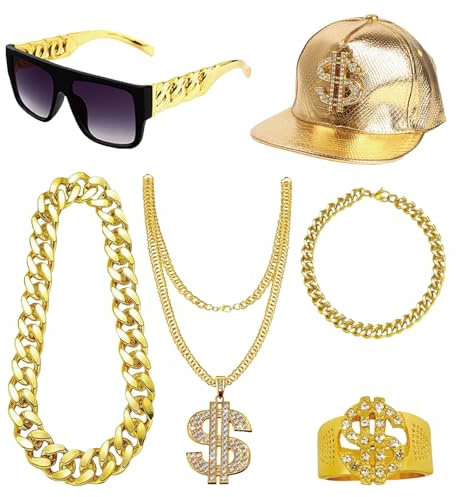 Regenhut Faltbar 80er 90er Hip Hop Kostüm Set Rapper Zubehör Outfit für Männer Frauen Halloween Party Sonnenhut Jungen 1 Jahr (Gold, One Size)