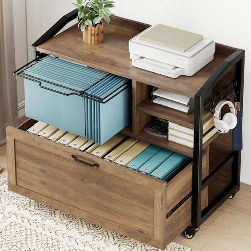 HSH Mobile Lateral File Cabinet with Drawer Lockable Wheels 84cm Rustic Oak