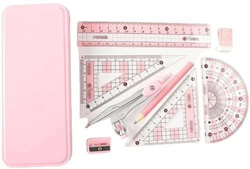 WDSOPK Mathematik-Kompass aus Metall, 8-teiliges Geometrie-Set mit Zirkel, Winkelmesser, Bleistift, Radiergummi, Anspitzer, Dreieck, Lineal, Aufbewahrungsbox