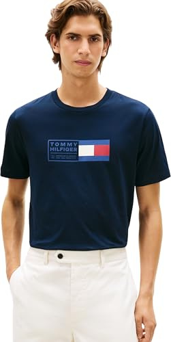 Tommy Hilfiger Uomo T-Shirt Maniche Corte Brand Love Text Box in Cotone, Blu (Desert Sky), L