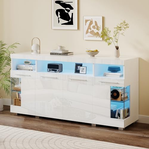 Merax Sideboard mit LED-Beleuchtung, Hochglanz Kommode Anrichte Schrank mit 4 Türen & Offene Staufächer, Mehrzweckschrank mit Glastüren, Aufbewahrungsschrank für Wohnzimmer, Esszimmer, Flur, Weiß