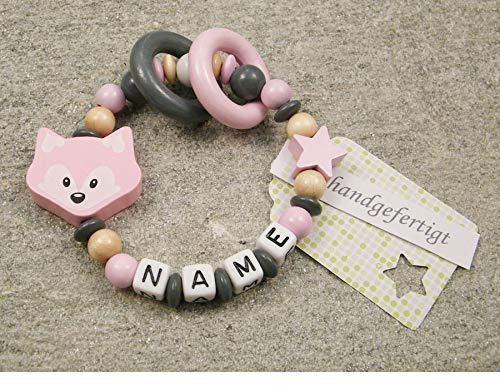 kleinerStorch ® - Personalisiertes Motorik Babygeschenk mit Namen – Einzigartiges Holz Geschenk & Taufe zur Geburt für Mädchen & Jungen - Fuchs in rosa
