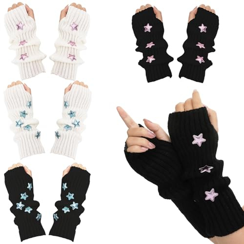 Meng Jiaran 4 Pairs Arm Warmers Y2k, Fingerless Gloves, Knitted Arm Gloves with Star, Arm Sleeves for Women Girls Winter Accessories