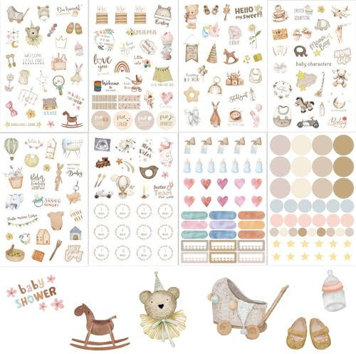 Glamifyr 8 Blatt Sticker Babyalbum,217 Stücke Sticker Baby,Selbstklebende Aufkleber für Kinder und Baby Fotoalbum,DIY Scrapbooking sticker,für Babyparty,Geschenk,Fotoalbum,Notizbuch,Kalender Deko