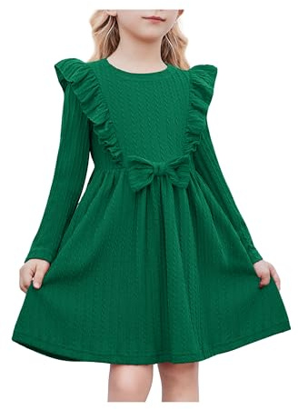 Arshiner Niñas Vestidos Mangas con Volantes Niños Pajarita de Punto Acanalado A-Line Fiesta Otoño Invierno Manga Larga Vestidos para Niñas 3-8 Años