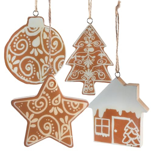 Holzanhänger Lebkuchen Deko 4er Set, Weihnachtsanhänger aus Holz, Baumschmuck in Lebkuchen-Optik, Stern Kugel Baum Haus, 9 cm