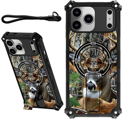 DIGTIALL Coque pour iPhone 17 Pro 6,3 avec dragonne et support caché, pour homme et femme, double couche robuste et résistante aux chocs pour iPhone 17 Pro 6,3, cerf camouflage de chasse