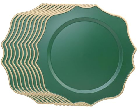 10 Count Charger Plates for Events - Gold and Silver Charger Plates Set for Weddings, Parties, and Holiday Dining- Green