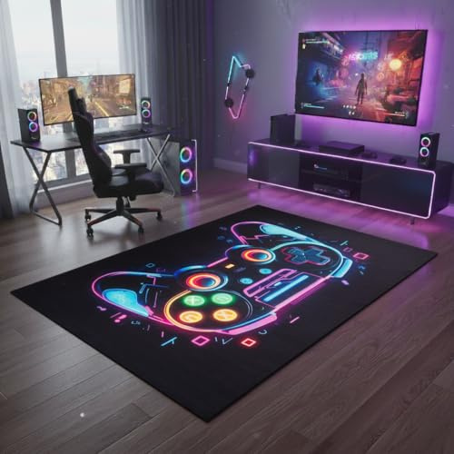 TAPISO Cosmo Game Gamer Teppich Jugendzimmer | Neon Game Controller Motiv | Gaming Teppich Jungen | Modern, rutschfest, Kurzflor, Strapazierfähig, Für Spielzimmer Wohnzimmer 200 x 300 cm
