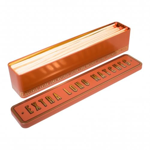 TINIT Extra Long Matches Tin | Storage Box Match Firelighter Gift Storage Funky Unique Present Birthday Christmas Home Birthday Housewarming Kitchen Decor | Extra Long Matches (Gold on Orange)
