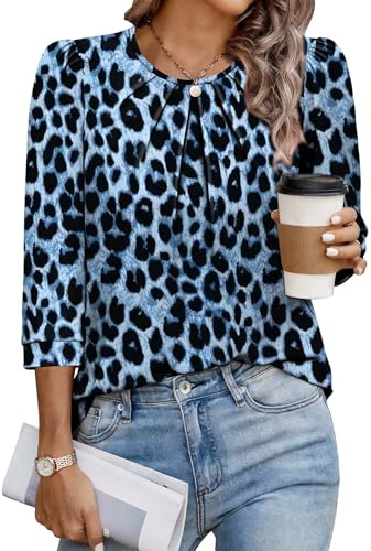 Leopard Print Tops for Women Business Casual Outfits 3/4 Length Sleeve Womens Tops Animal Print Top Fashion Clothing Summer Clothes Office Blouses Tunic Blue Cheetah Top L