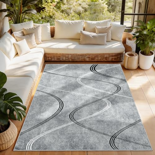 Alishomtll Teppich Grau Kurzflor 140x200 cm, Geometrischer Teppich | Geometrische Linienmuster Teppich Läufer mit Anti-Rutsch Unterseite, Weich Waschbar Küchenteppich für Schlafzimmer Wohnzimmer