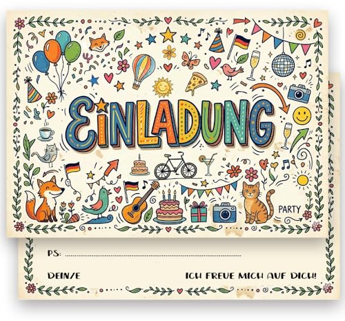 Einladungskarten Geburtstag - 12er Set mit Umschlägen - Farbenfrohes Doodle-Design - 12 x 17 cm - Hochwertige Klappkarten für Kinder & Erwachsene (H)