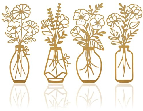 YunBey Juego de 4 Adornos murales Metal Dorado jarrones Flores Minimalistas
