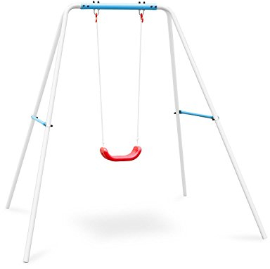 Oneconcept Miri - Gartenschaukel, Kinderschaukel, Schaukelgestell mit Schaukel, für Kinder von 3-10 Jahren bis 45 kg, dauerhafte Befestigung per Beton-Sockel, inkl. 4 Erdnägel, blau-weiß