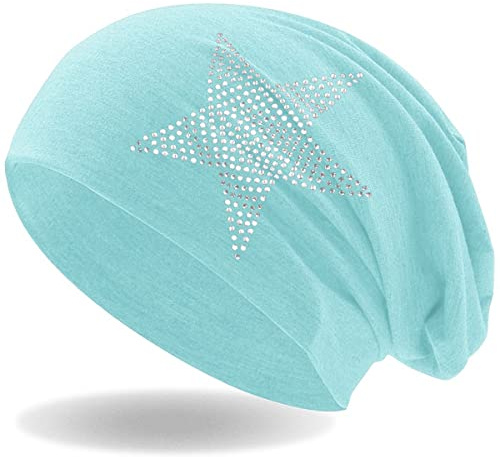 Hatstar Strass Stern Damen Beanie Mütze | elastisches Slouch Long Beanie | Mädchen Mütze | mit edler Strass Applikation | leicht und weich