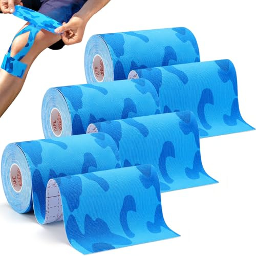 3 Pack Kinesiology Tape - Professional, Waterproof & Latex-Free Athletic Tape for Muscle & Joint Support on Knee, Ankle, Shoulder, Wrist During Sports, Swimming & Training - Blue Camo 4in x 5.5yd