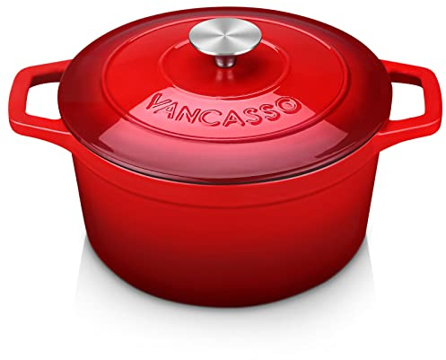 vancasso Gusseisen Topf Brot Backen, Gusseisen Bräter mit Deckel, 4L Ø 24cm Emaille Schmortopf, Kasserolle Induktion, Gussbräter für Gasherd/Cerankochfeld/induktionskochfeld/Ofen, Rund, Rot