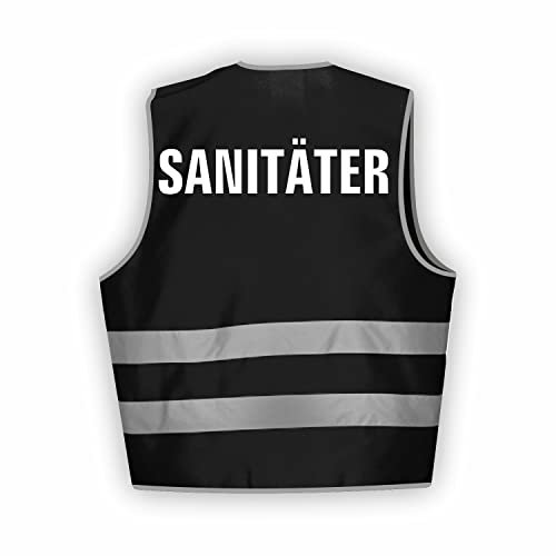 Fassbender-Druck WARNWESTEN - Sicherheitsweste SCHWARZ Warnweste nach EN ISO 20471 zertifiziert - Warn Weste SANITÄTER - Unisex mit hochwertigem Reflektorstreifen (SCHWARZ I M/L I 3er Set)