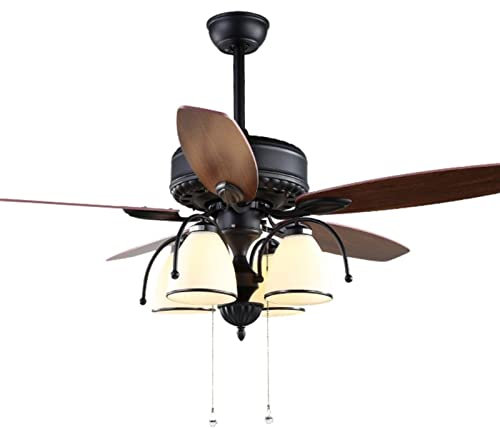 GAUUA American Style Retro Chandelier Fandelier Antique Wood Leaf Ceiling Fan Light Handmade Glass Alloy Base Living Room Bedroom Kindergarten