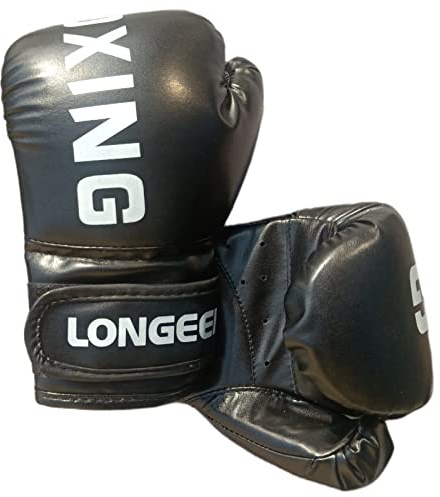 Longeek Guantoni da boxe bambini 4, 6oz Professionale Combattimento Allenamento Sacco Kick boxing Muay thai età da 3 a 15 Anni (black-boxing-6oz)