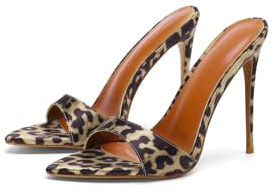 Frankie Hsu Sandales à talons hauts sexy à imprimé léopard pour femmes, taille 45.5 EU, marron, satin, à enfiler, mules à pointes, talons 12 cm, occasionnelle, robe, SANDAL