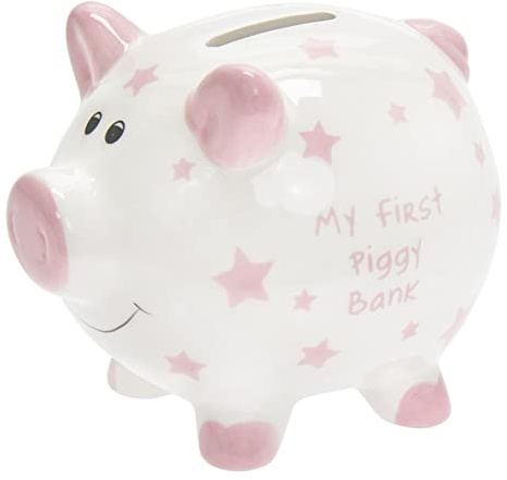 'My First Piggy Bank' Money Box White with Stars 12cm - Pink 3802